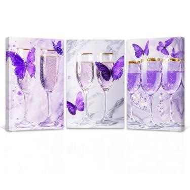 Imagem de QIXIANG Arte de parede com imagens de cozinha, 3 peças, arte em tela de taça de vinho, pinturas de borboletas, pôster de coquetel, bar, decoração de sala de jantar emoldurado (28 x 3 peças)