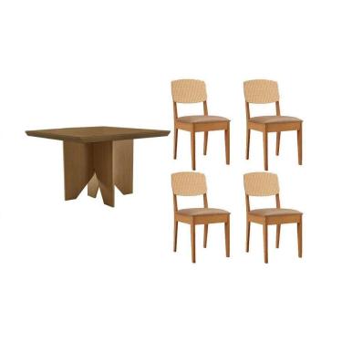 Imagem de Sala Jantar Mesa Nevada Tampo Curvo 90cm+4 Cadeiras Havana Naturale - Linho Bege - Rufato