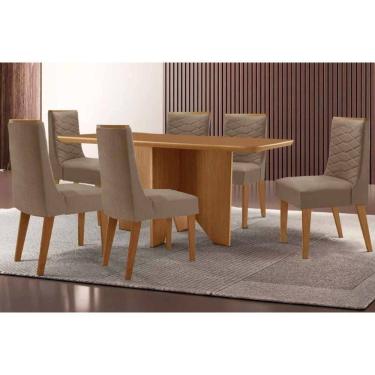 Imagem de Sala Jantar Mesa Nevada Tampo Curvo 180cm+6 Cadeiras Maldivas Madeira Naturale - Capuccino/Suede Capuccino - Rufato