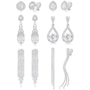 Imagem de Tornito 6 pares de brincos de pressão para mulheres, não perfurados, brilhantes, strass, zircônia cúbica, pendentes, brincos longos de borla, para noivas, damas de honra, casamento, formatura, palco