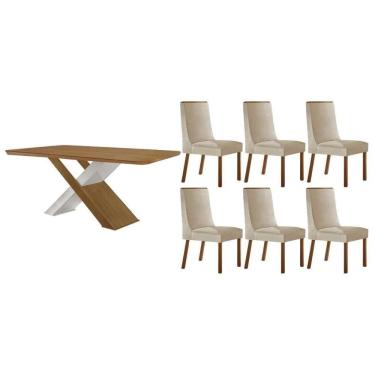 Imagem de Sala Jantar Mesa Imperatriz Tampo Curvo 180cm+6 Cadeiras Dakota Madeira Naturale/Off Wite - Capuccino/Suede Creme - Rufato