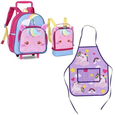 Imagem de Kit Mochila Rodas Lancheira Avental Infantil Unicórnio - Clio, Pink