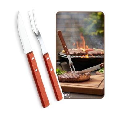 Imagem de Kit 2 Utensílios Churrasco Cabo Madeira Faca e Garfo Longos - Armarinh