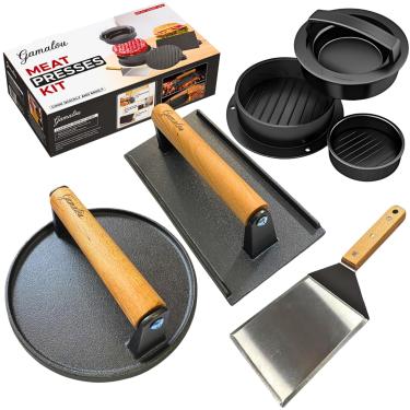 Imagem de Smashed Burger Press BBQ Kit : 7" Round & 8.2x4.3 Rectangle Cast Iron Bacon Press, 3-in-1 Patty Maker, Spatula 6x5”, Burger Press Griddle Set for Blackstone, Weber, Pit Boss, Traeger, Grills, Fry Pan