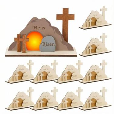 Imagem de Blueweenly Conjunto de 12 kits de artesanato de madeira DIY de Páscoa para crianças, artesanato religioso de Páscoa, cruzes para a Bíblia, arte de domingo, escola, decoração de festa, presente de