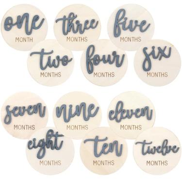 Imagem de 6 PCS Cartões de Marco Mensal para Bebês, Cartões de Marco 3D de Madeira Dupla Face Sinais para Fotos Sinal de Anúncio 1-12 Meses Fotografia Foto Recém-nascido Presente (Azul)