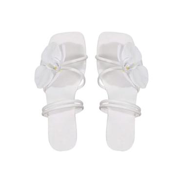 Imagem de GORGLITTER Sandálias femininas douradas com bico quadrado 3D floral floral sem cadarço para férias praia na moda, Branco, 40