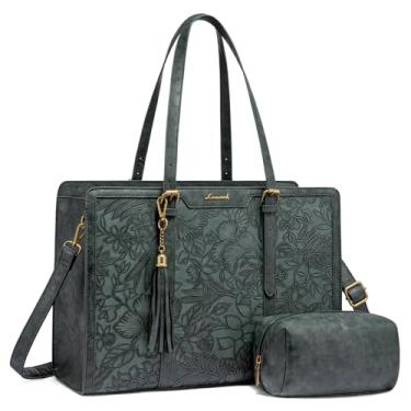 Imagem de LOVEVOOK Bolsa feminina de couro vintage para laptop de 39.6 cm bolsa de computador de grande capacidade com bolsa clutch para trabalho, Verde em relevo, 15.6 inch, Vintage