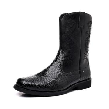 Imagem de Botas masculinas caubói com zíper lateral, bico quadrado, padrão de crocodilo, couro PU, cano médio, botas ocidentais com patchwork e bordado, Preto, 40
