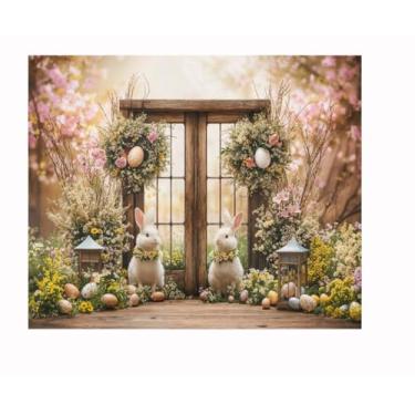 Imagem de Kate 3 x 2,4 m primavera feliz páscoa cenário fotográfico bonito coelho comedor ovos coloridos rosa floral porta de madeira decoração foto fundo