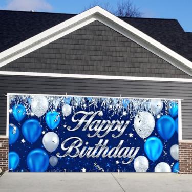 Imagem de Capa de porta de garagem de aniversário, cenário fotográfico de faixa de feliz aniversário, fundo de festa para decoração de parede interna e externa (azul, feliz aniversário, 1,8 x 3 m)