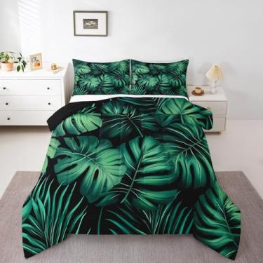 Imagem de Erosebridal Jogo de cama solteiro com folhas de palmeira verde, monstera, folhas de bananeira, para crianças, meninos e meninas, com plantas tropicais do Havaí, conjunto de edredom de verão, selva e