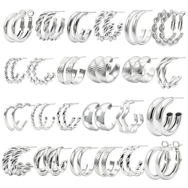 Imagem de Conjunto de 24 pares de brincos de argola de ouro para mulheres, pacote com vários brincos, hipoalergênicos, pérolas, grossos, torcidos, pequenos brincos, joias para presentes, Small, Latão, Sem pedra