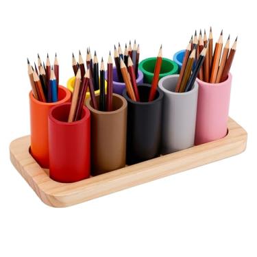 Imagem de Madeira Colorida Lápis Suporte, Giz de Cera Armazenamento Organizador com 10 Movíveis Compartimentos Caneca Caneta Suporte para Crianças Mesa Escritório Casa Escola Fornecimento