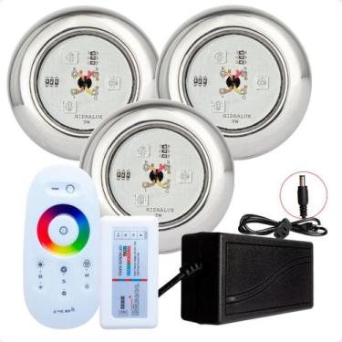 Imagem de Kit 3 Refletores Led 9w RGB Inox S e Comando para Iluminação Piscina -