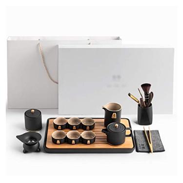 Imagem de Conjunto de chá de cerâmica, incluindo bule de chá, xícaras de chá, xícara de chá pública, bandeja de chá de bambu, recipiente de chá e coador de chá, pacote de presente, conjunto de bule de chá