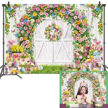 Imagem de Banner de fundo de primavera Páscoa branco porta de celeiro floral colorido ovos coelhinho sessão de fotos fundo coelhos flores decoração festa infantil banner adereços de cabine (20 x 6 pés (238,8 x
