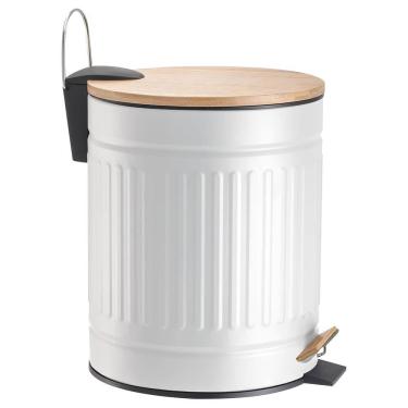 Imagem de Lixeira com Pedal e Tampa de Bambu Fluted Branca 5 Litros - Mek