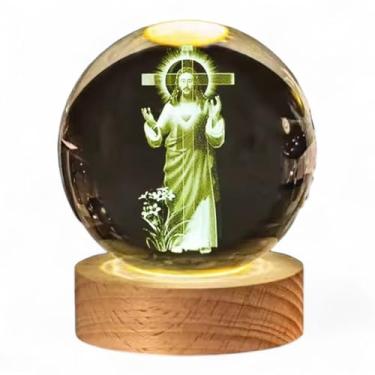 Imagem de Estátua de Jesus de Cristal 3D com Base de Luz LED – Esfera de Vidro Sagrado Coração de Jesus de 6 cm para Decoração de Casa Cristã, Presente Religioso para Homens e Mulheres, Colecionável Católico