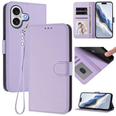 Imagem de Capa carteira para iPhone 16 Plus, capa fina de couro com compartimentos para cartões, alça de pulso e suporte, capa protetora à prova de choque para homens e mulheres (roxo claro)