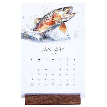 Imagem de Calendário mensal de mesa de escritório 2026 - pesca com mosca de truta - estilo aquarela - suporte de madeira - cartões anuais de 12 meses - cartões de 10 x 15 cm - decoração minimalista para casa