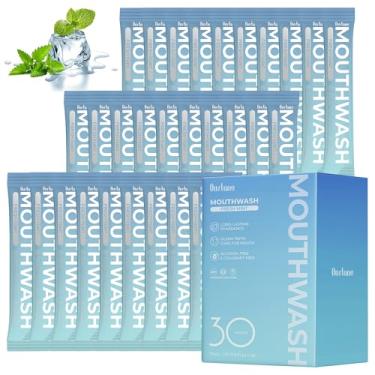 Imagem de Enxaguante bucal pacotes portáteis para viagem, sem álcool e flúor, tiras de enxaguante bucal de menta fresca para higiene oral superior, pacotes individuais de enxaguante bucal descartáveis (15 ml