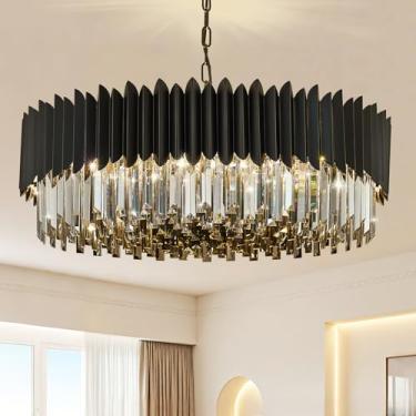 Imagem de YOLIZUOT Lustre de cristal preto 76 cm K9 cinza fumo luzes pendentes redondas 12 luzes 6 camadas grande moderno lustre luz para sala de jantar, sala de estar, quarto, hall de entrada