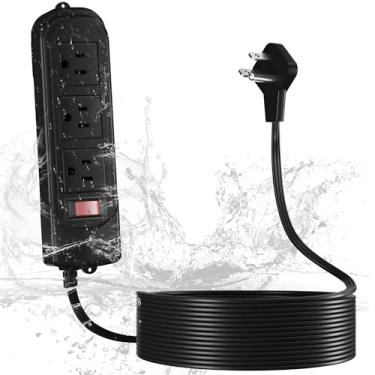 Imagem de Régua elétrica externa à prova de intempéries 3 metros IPX4 à prova d'água 3 tomadas com plugue plano de 45°, à prova de choque e proteção contra sobrecarga, suporte de parede