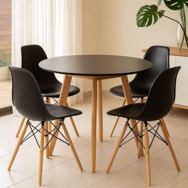 Imagem de Jogo Cozinha Sala Jantar Mesa Leda 80cm Redonda Com 4 Cadeiras Eiffel Eames Cor Preto