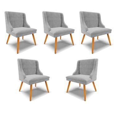 Imagem de Kit 5 Cadeiras Decorativas Sala De Jantar Pés Palito De Madeira Firenze Suede Cinza/natural G19 - Gran Belo