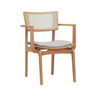 Imagem de Cadeira Apollo Madeira Maciça Com Braço Encosto Telinha Assento Anatômico - Natural Estofado Linho Bege