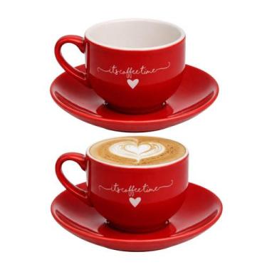 Imagem de Jogo 2 Xícara de Chá Cappuccino de Porcelana 160ml Vermelha Coração La