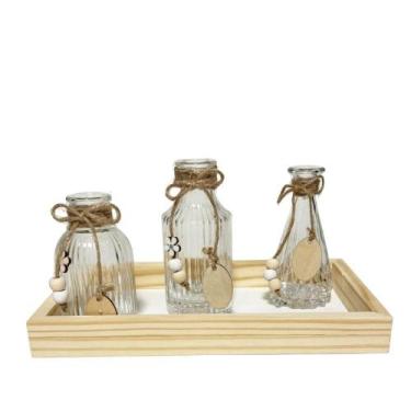 Imagem de Centro De Mesa Boho 2 Vasos De Vidro E Bandeja De Pinus - Mai Home