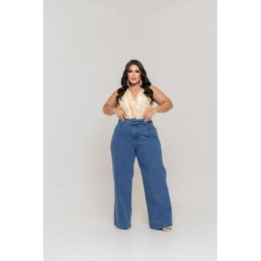 Imagem de Wide Leg Pantalona Jeans Plus Size Barra Feita C/ Cinto - Mistura Femi