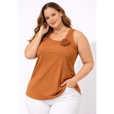 Imagem de Regata Plus Size Canelada com Flor 3D e Gola Assimétrica Cor:CarameloT