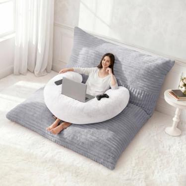 Imagem de Homguava Cadeira de pufe gigante para adultos com travesseiro, almofada conversível 4 em 1 para Adluts, espreguiçadeira com capa lavável, cama de feijão para sala de estar, travesseiro cinza claro e