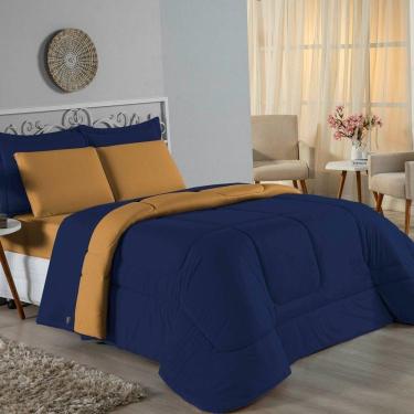 Imagem de Kit Edredom Dupla Face + Jogo De Lençol Casal Nobre 7 Peças Malha 100% Algodão - Azul-marinho / Cobre