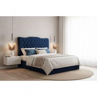 Imagem de Cabeceira Romana Cama Box Queen 160 Fixação na Parede Madeira Maciça Estofada em Suede Veludo Azul Marinho