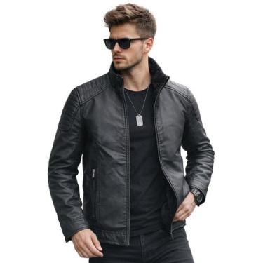 Imagem de Jaqueta Masculina Couro PU Peluciada Forrada Premium Cor:PretoTamanho: