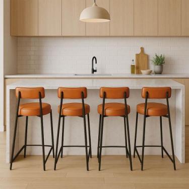 Imagem de Banqueta Cozinha Alta com Encosto Industrial Preto Kit 4 Londres PU Wh