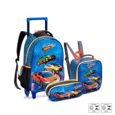 Imagem de Mochila lancheira e estojo carros racing kit escolar meninos - SEANITE
