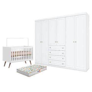 Imagem de Kit Berço Americano Q Encanto 3820 Retrô Colchão Incluso Branco Acetinado com Guarda Roupa 6 Portas Qmovi