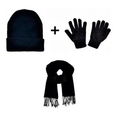 Imagem de Kit Touca Lã Preta + 1 Par Luvas + 1 Cachecol Preto Inverno - Na moda