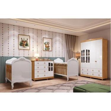 Imagem de Quarto de Bebê Gêmeos 2 Berços Guarda-Roupa e Cômoda Janelada 100% MDF