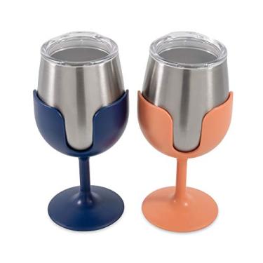 Imagem de Camco Life is Better at The Campsite Copo de vinho | Isolamento a vácuo de parede dupla resistente | Feito de aço inoxidável 18/8 | Possui hastes removíveis azul-marinho e pêssego | 2 unidades, 227