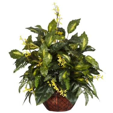 Imagem de Nearly Natural 6644 Forsythia and Mixed Greens Planta de seda decorativa, verde