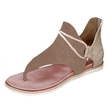 Imagem de Sandálias femininas casuais de verão confortáveis sandálias casuais de tiras boêmia com cadarço sandálias de praia retrô sapatos de dedo aberto, Z08-cáqui, 9.5-10