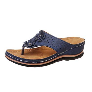 Imagem de Sandálias de dedo romanas T On confortável com clipe inferior sandálias abertas planas com alça de arco do pé sandálias femininas elegantes, Azul, 6