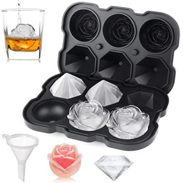 Imagem de Bandeja para cubos de gelo, bandejas de gelo rosa Mikiwon de 5 cm com tampas, bandeja de gelo rosa de silicone com 3 cavidades e 3 bolas de gelo de diamante, forma de cubo de gelo grande de liberação