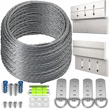 Imagem de Kit para pendurar arame de imagem resistente – gancho francês, anel em D, parafusos, clipes de barra Z suportes de montagem para pendurar suportes de montagem suporta até 68 kg 15,25 m de fio de aço inoxidável